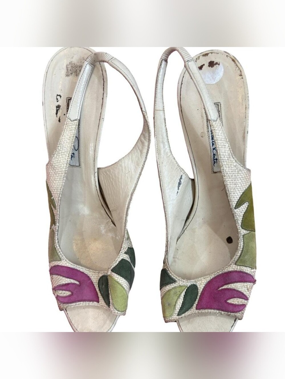 Oscar de la Renta Cream Slingback Sandals with Pink & Green Accents